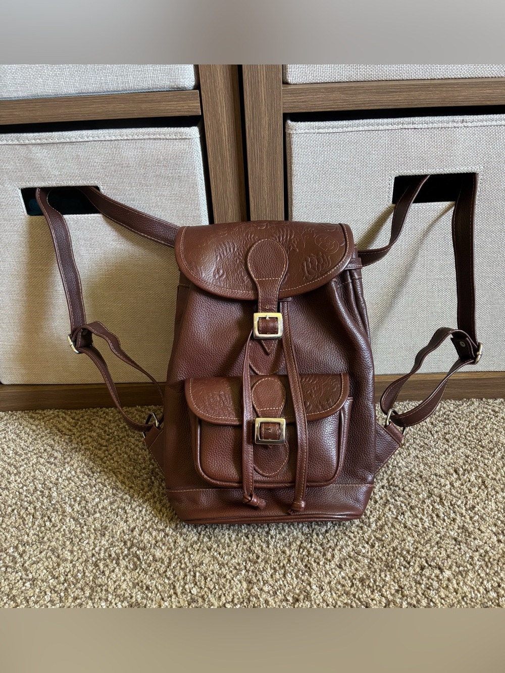 Vintage Heidy Brown Leather Silk Blend Buckle Backpack Leaves Floral Columbia